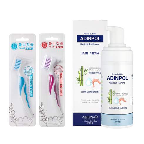 아딘폴 거품치약 1통 틀니 칫솔/ 60초 세척 세정 치아 교정기 교정 유지장치 칫솔, 스카이블루, 1개, 1개