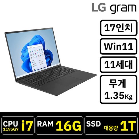 엘지 그램 17인치 초경량 인텔 i7 11세대 12세대 윈도우11 그레이 16GB 512GB 블랙 32GB 1TB, 17Z95P-K.AAB8U1, 코어i7 1195G7, WIN11 Home