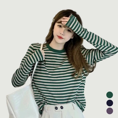 2023년 가성비 최고 스트라이프티셔츠 - 밤마다 여성 라운드넥 가을 겨울 스트라이프 줄무늬 티셔츠