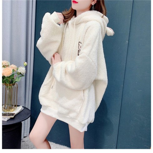 2023년 가성비 최고 명품후드티 - ANYOU 여성 가을 겨울 곰돌이 캐릭터 후리스 맨투맨 데일리 빅사이즈 오버핏 뽀글이 후드티