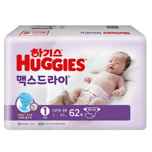 하기스맥스드라이1단계 - 하기스 NEW 맥스드라이 밴드형 기저귀 남녀공용 신생아용 1단계(3~4.5kg), 1단계, 122매