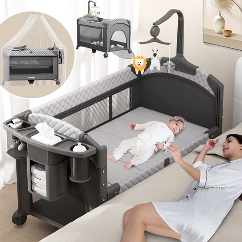 Trimigo 아기침대 휴대용 이동식 신생아 접이식 산후조리원 애기 침대+유아 놀이방 풀세트 다크그레이