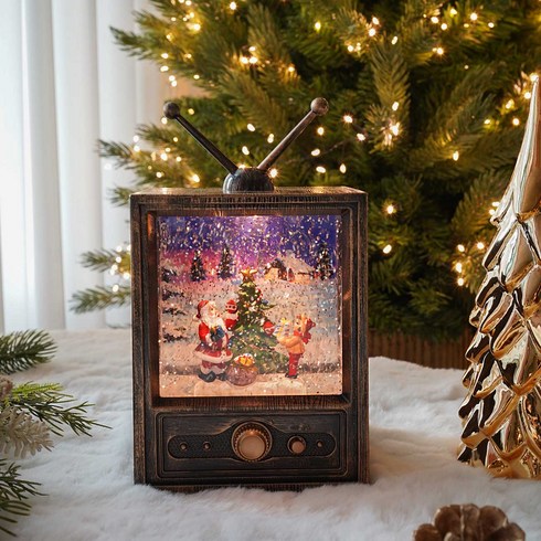 [차렌시아] 빈티지 레트로 TV 스노우볼 크리스마스 LED 무드등 워터볼 트리 장식 선물 아날로그, 브라운, 산타