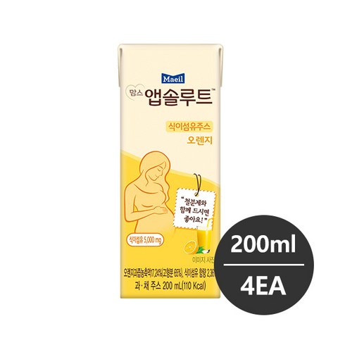 임산부식이섬유 - 매일유업 맘스 앱솔루트 식이섬유주스 오렌지 200ml 4팩, 4개