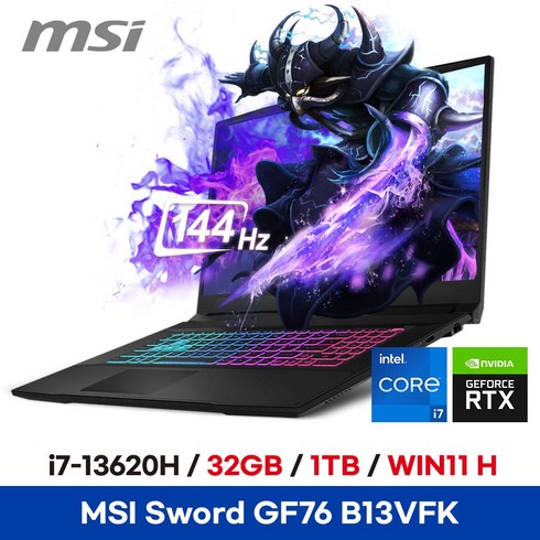 MSI Sword GF76 B13VFK i7-13620H RTX4060 - 32GB 1TB WIN11HOME 오버워치 발로란트 디아블로4 게이밍 노트북 ED, 블랙무광, 코어i7, WIN10 Home