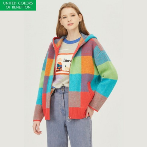 베네통 컬러 블록 믹스 후드 집업 니트 가디건 BAKCA1411