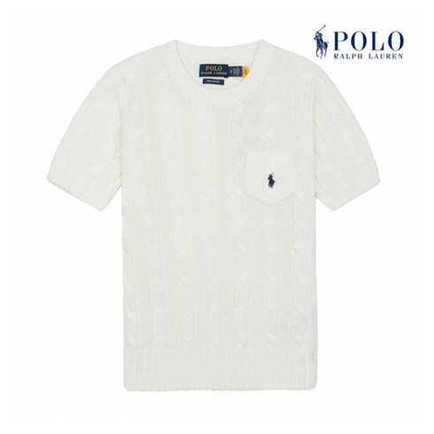 폴로 랄프로렌 케이블 니트 반팔 여성 - [POLO RALPH LAUREN] 폴로 랄프로렌 여성 슬림핏 케이블 반팔 크루넥 포켓 니트 화이트