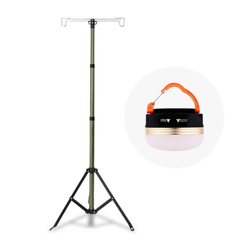 로티캠프 접이식 4단 캠핑 랜턴 스탠드 조명 렌턴 걸이 + 원형 자석 랜턴 세트, 1세트, 랜턴걸이 카키 + 원형 자석 랜턴