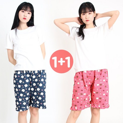 1+1 국산 슬레진저 캐릭터 순면 5부바지 잠옷 2종세트 여성용