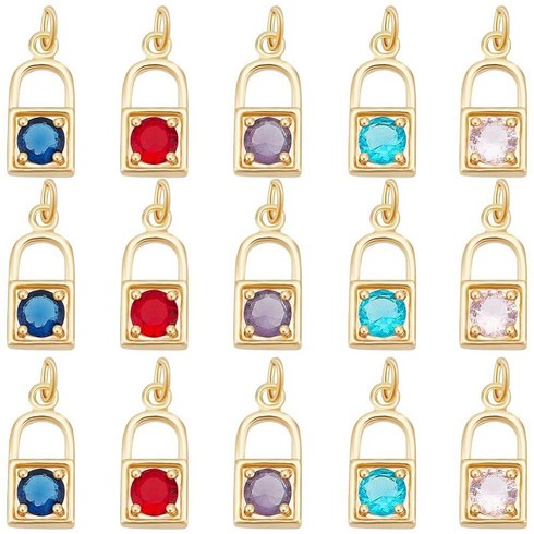 Beebeecraft 1박스 15개 5가지 색상 잠금 참 18K 금 도금 마이크로 페이브 큐빅 지르코니아 펜던트 참 점프 링 공예 용품 DIY 주얼리 제작용 763387