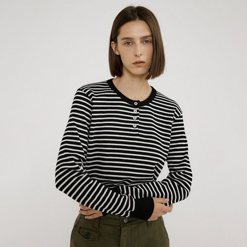 아쎄르와플티 - 아쎄르 Stripe Waffle Henri Neck Tee Black