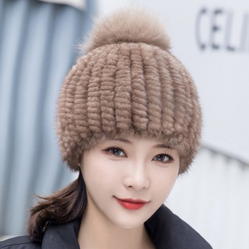 밍크모자 여성 추동 밍크털 짜임 도톰한 폭스털방울모자 중년여성모자