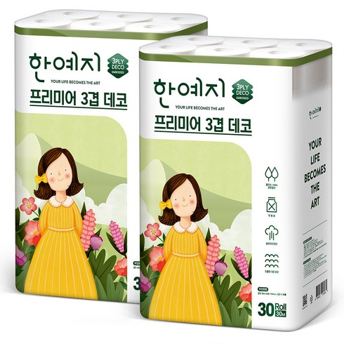 한예지 프리미어 3겹데코 천연펄프 롤화장지 30 m, 30롤, 2팩