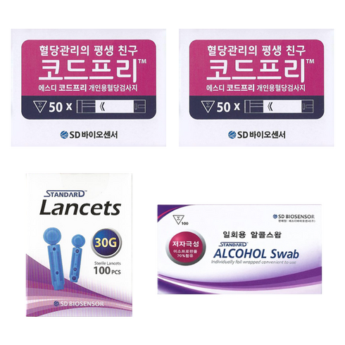 코드프리혈당기 - SD 코드프리 혈당 시험지 혈당시험지 100매 +정품채혈침100매+정품알콜솜100매 혈당측정검사지 SW, 코드프리 혈당 시험지 100매 +침100매+솜100매