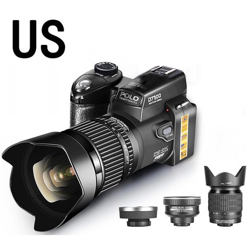 빈티지디카 유튜버 브이로그 24x 광학 줌 HD 디지털 카메라 POLO D7100 33 백만 픽셀 자동 초점 전문 DSLR 비디오 야외용 3 렌즈, 6.D7100 US+Standard