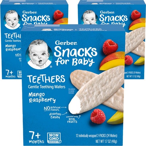 거버 스낵 티서스 어린이 웨이퍼 48g, 3개, 망고 + 라즈베리 (Mango + Raspberry)