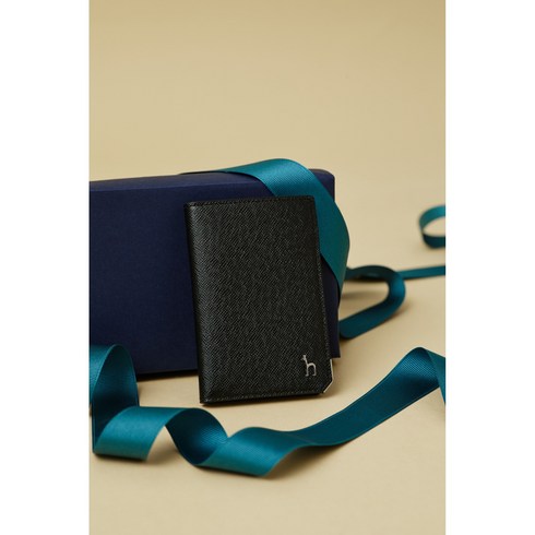 헤지스 남성 블랙 실버 장식 천연 소가죽 2단 카드지갑 HJHO1E942BK