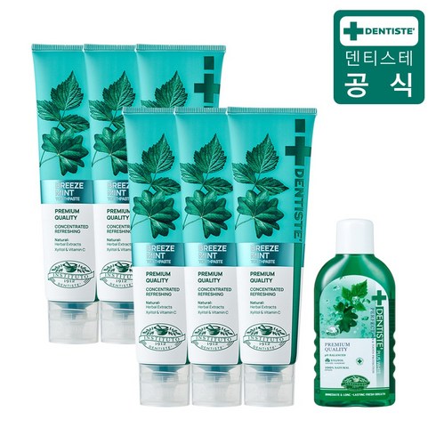 덴티스테 뉴브리즈민트 치약 180g×6개 + 내츄럴 오랄린스 가글 100ml x1개, 없음