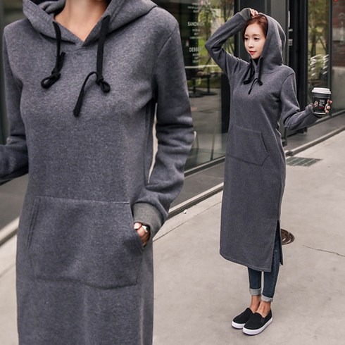 2023년 가성비 최고 기모후드원피스 - 로즈핑크 후드 기모 롱 원피스