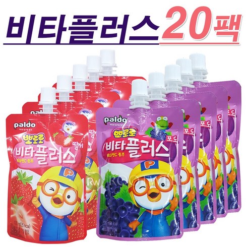 팔도 뽀로로 비타플러스(100ml)-어린이비타민음료, 딸기맛+포도맛, 100ml, 20팩
