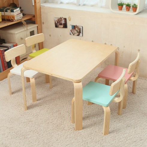 일루일루 프로스 어린이 책상세트 스퀘어형 (책상1개+의자2개), 내추럴책상+핑크의자2개