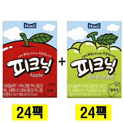 피크닉 사과 200ml(24팩) + 피크닉 청포도 200ml(24팩), 200ml, 48개