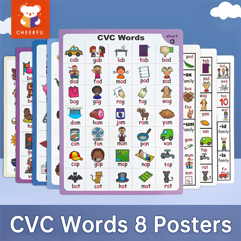 131 CVC Cards + 2 Workbooks +8 Posters 영어 카드 파닉스 단어 유아를 위한 병음 단어 영어 학습 카드 어린이를 위한 언어 차트와 책, 8 Poster