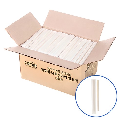 코멧 무인쇄 종이포장 일회용 나무젓가락 벌크팩 화이트, 1000p, 1개