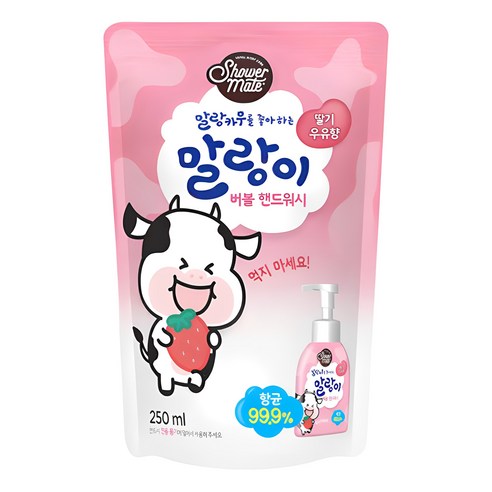 샤워메이트 말랑카우 퓨어버블 핸드워시 딸기우유향 리필용, 250ml, 3개