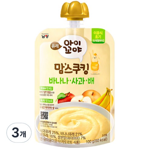 아이꼬야 유아용 맘스쿠킹 이유식 6개월부터, 바나나사과배, 100g, 3개