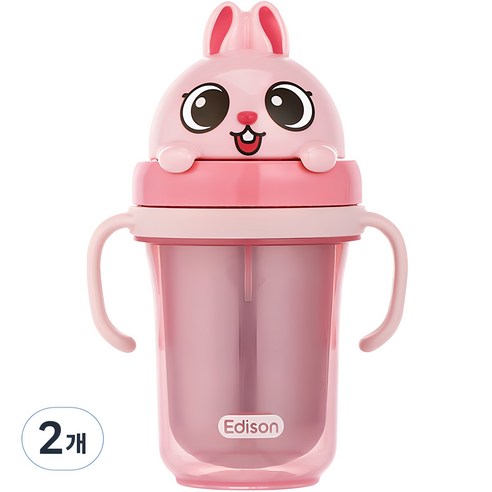에디슨 국산 프렌즈 흘림방지 이중 스텐 빨대컵 2, 토끼 바니, 2개, 300ml