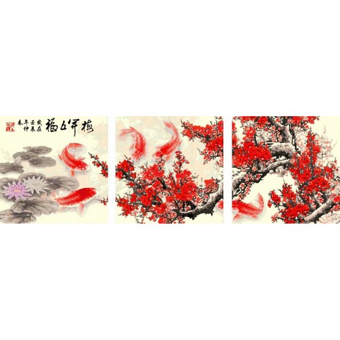 아트조이 DIY 명화그리기 키트 3단 세트 40x50cm, 연못과 붉은 매화, 1개
