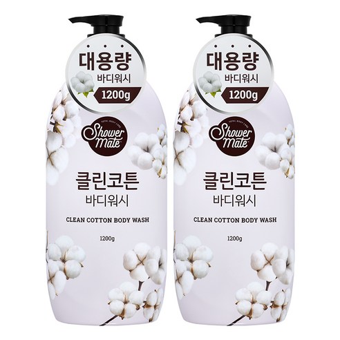 샤워메이트 클린코튼 바디워시 목화솜향, 1200g, 2개