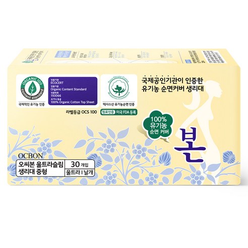 유기농본 오씨본 울트라슬림 중형 날개형 생리대, 30개입, 1개