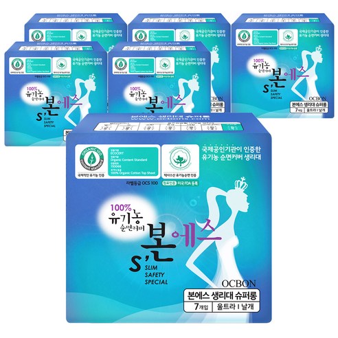 유기농본 에스 슈퍼롱 오버나이트 생리대 날개형, 7매, 6팩