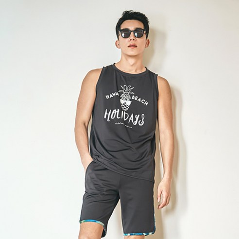 펀한커플 남성용 루즈핏 홀리데이 래쉬가드 나시 상의 + 하의 세트 AE4202