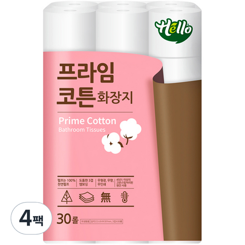 헬로 프라임코튼 3겹 천연펄프 롤화장지 30m, 30롤, 4개