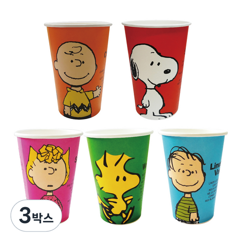 피너츠 스누피 칼라 일회용 종이컵 5종 390ml, 100개입, 3개