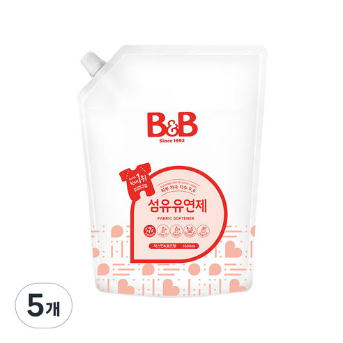 비앤비 섬유유연제 자스민 앤 로즈 리필, 1.5L, 5개