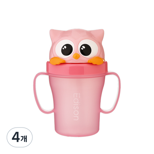 에디슨 프렌즈 흘림방지 빨대컵 3, 부엉이 핑크, 4개, 200ml