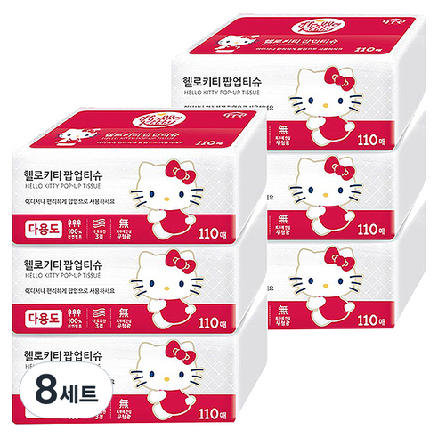 헬로키티 팝업 천연펄프 미용티슈 3겹 레드 3p, 110매, 8세트