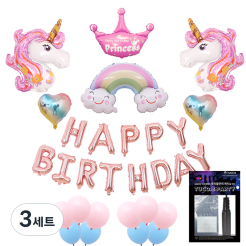 투코비 생일파티 장식 풍선 + 손펌프 + 고정테이프 세트 하트유니콘 그라데이션, 혼합색상, 3세트