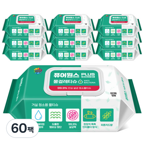 퓨어원스 플러스 거실용 청소 물티슈 캡형 80p, 60개, 545g