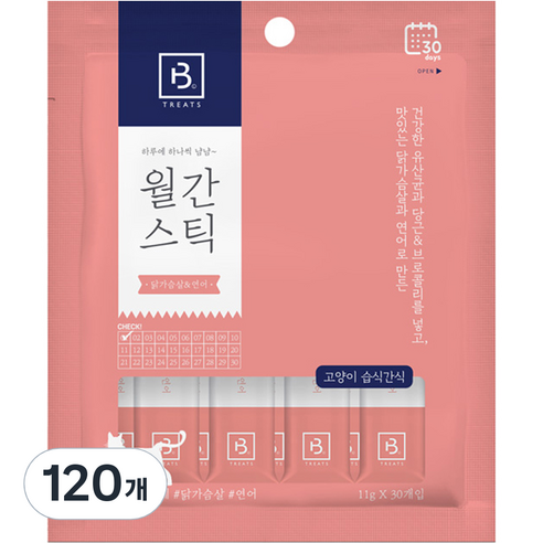 브리더랩 하루에 하나씩 월간스틱 짜먹는 고양이 간식, 닭가슴살 + 연어 혼합맛, 11g, 120개