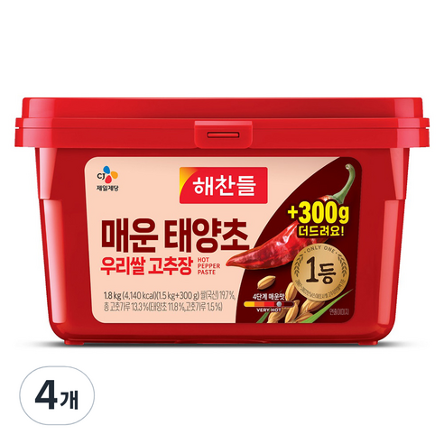 해찬들 매운 태양초 우리쌀 고추장, 1.8kg, 4개