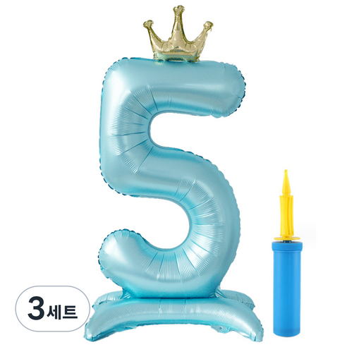 올리브파티 대형 스탠딩 왕관 생일 풍선 숫자5 + 손펌프 세트, 블루(풍선), 3세트