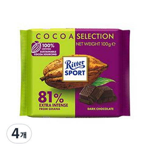 리터스포트 카카오 셀렉션 엑스트라 인텐스 81% 초콜릿, 100g, 4개
