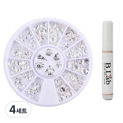 바블리 셀프네일 실버 참 스톤 바다 파츠 + 글루, 혼합 색상, 4세트