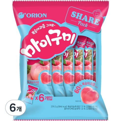 오리온 복숭아과즙 60 그대로 마이구미, 259g, 6개