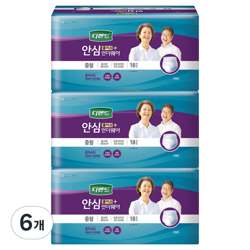 디펜드 남녀공용 안심플러스 언더웨어 성인기저귀 중형, 18개입, 6개